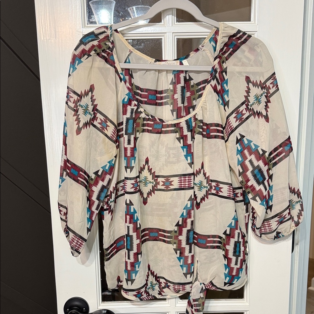 SOULMATES Sheer Aztec Tribal Southwestern Print Peasant Top Size Large